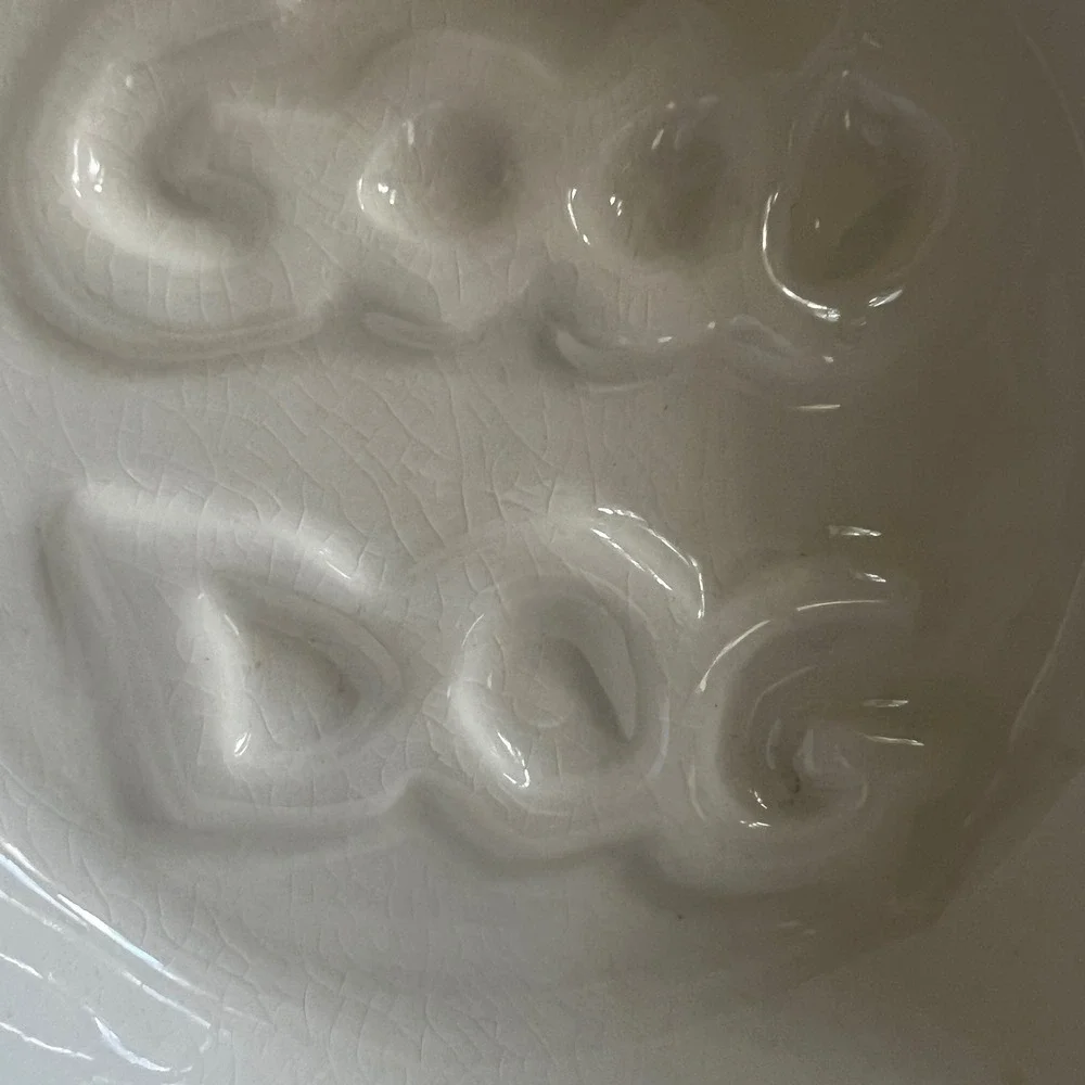 Debby Carman Good Dog Ceramic Bowl White Heart Embossed Pet Dish Crackle Glaze